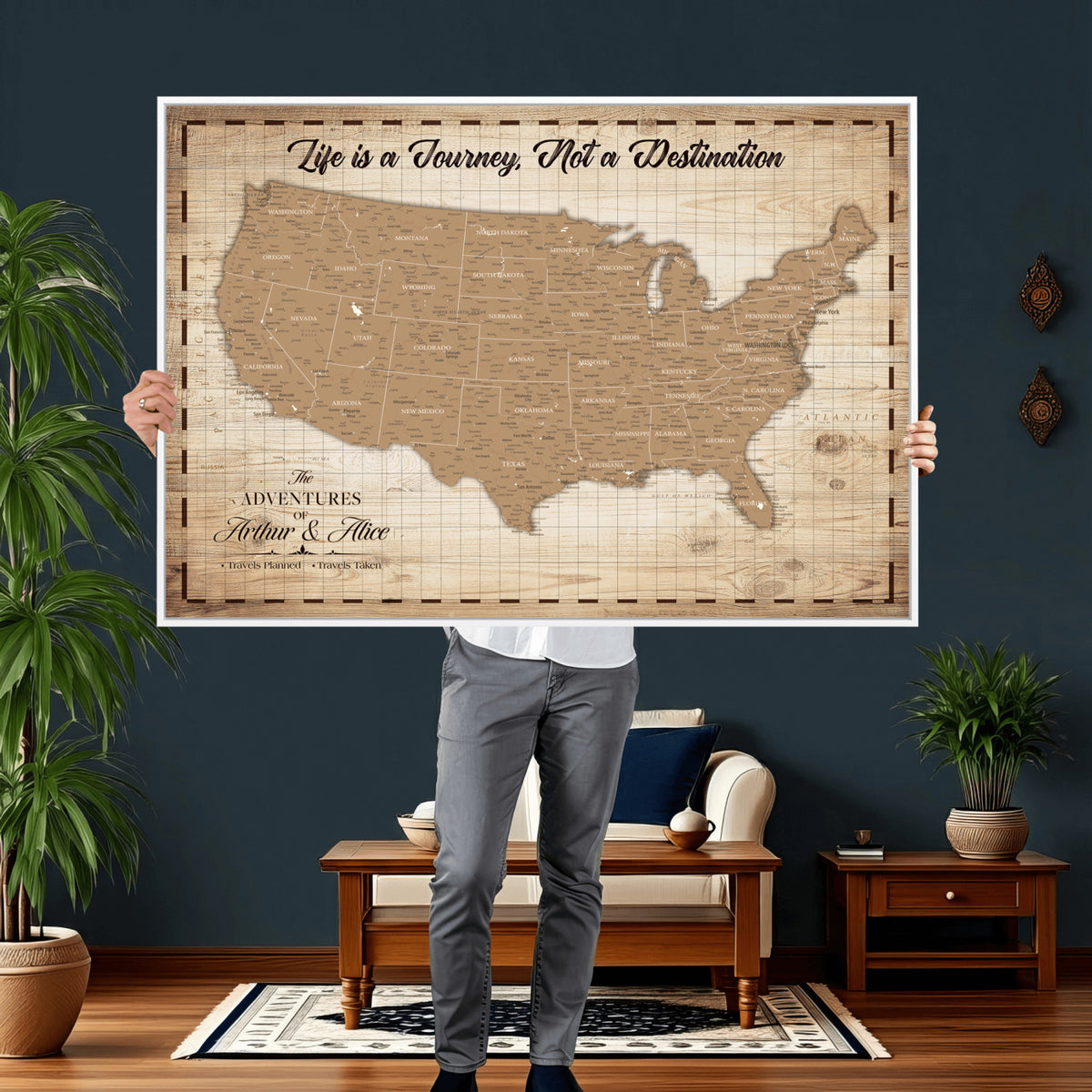 82934328-MGV-CV-36X24 - Custom USA Push Pin Travel Map Canvas Wall Art - Personalized Couples Gift Flat Digital Print