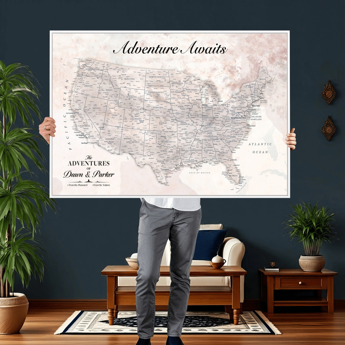 50687859-MGV-CV-36X24 - Custom USA Push Pin Travel Map Canvas Wall Art - Personalized Couples Gift Flat Digital Print