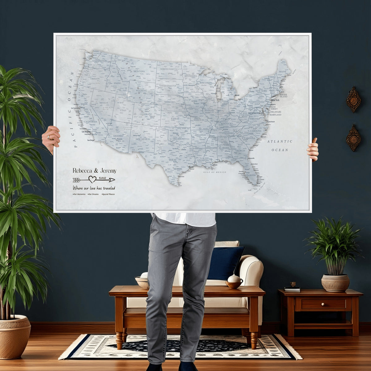 35973131-MGV-CV-36X24 - Custom USA Push Pin Travel Map Canvas Wall Art - Personalized Couples Gift Flat Digital Print