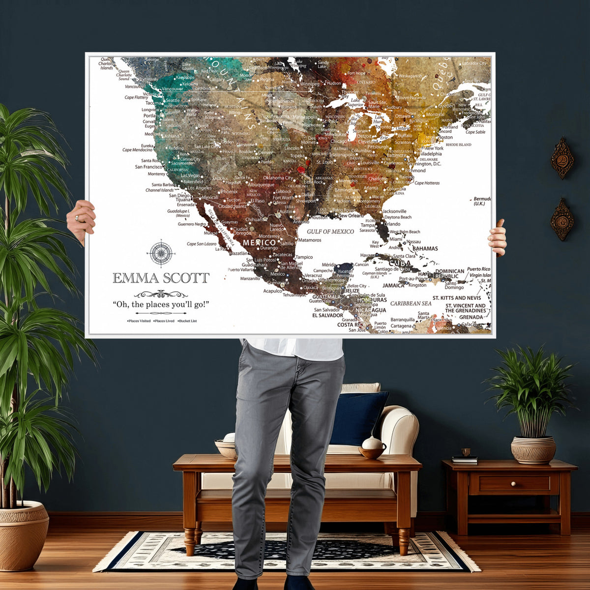 53374031-MGV-CV-36X24 - Custom USA Push Pin Travel Map Canvas Wall Art - Personalized Couples Gift Flat Digital Print