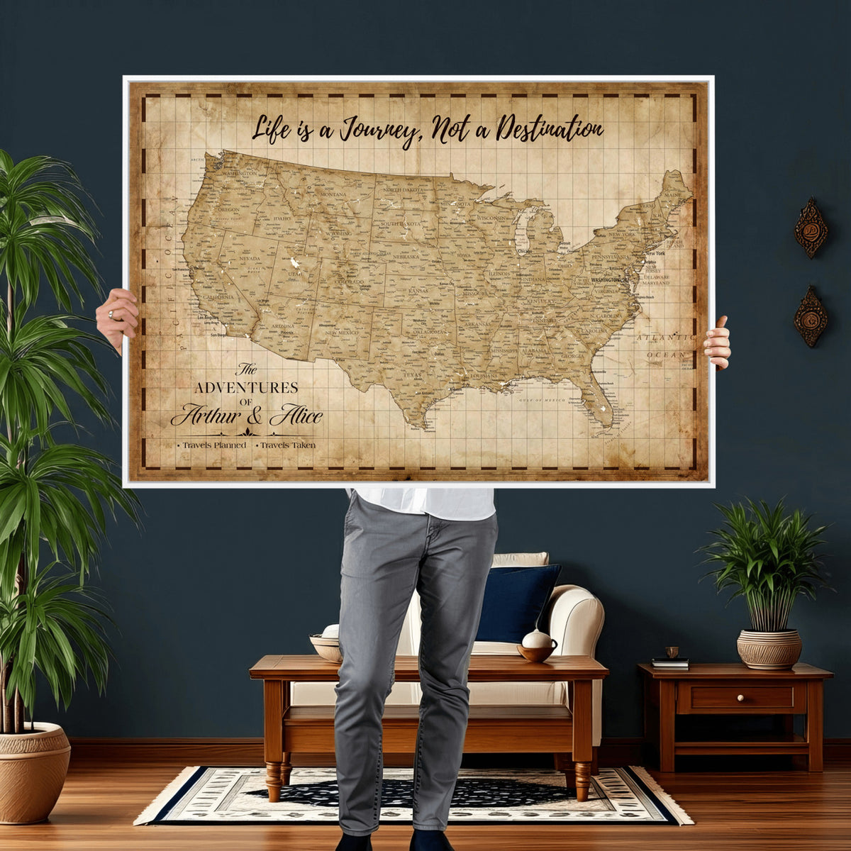 90686209-MGV-CV-36X24 - Custom USA Push Pin Travel Map Canvas Wall Art - Personalized Couples Gift Flat Digital Print