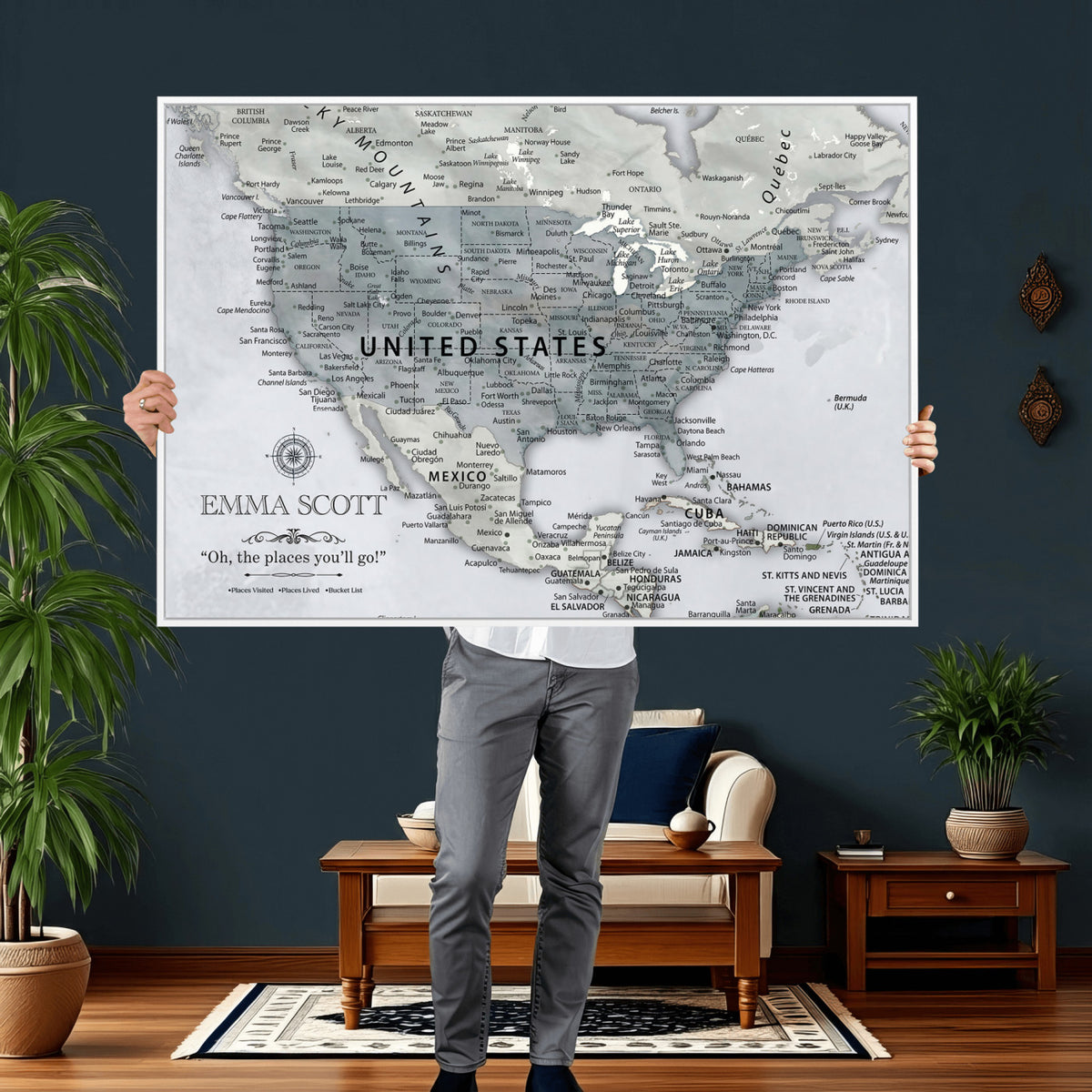 90686209D-MGV-CV-36X24 - Custom USA Push Pin Travel Map Canvas Wall Art - Personalized Couples Gift Flat Digital Print