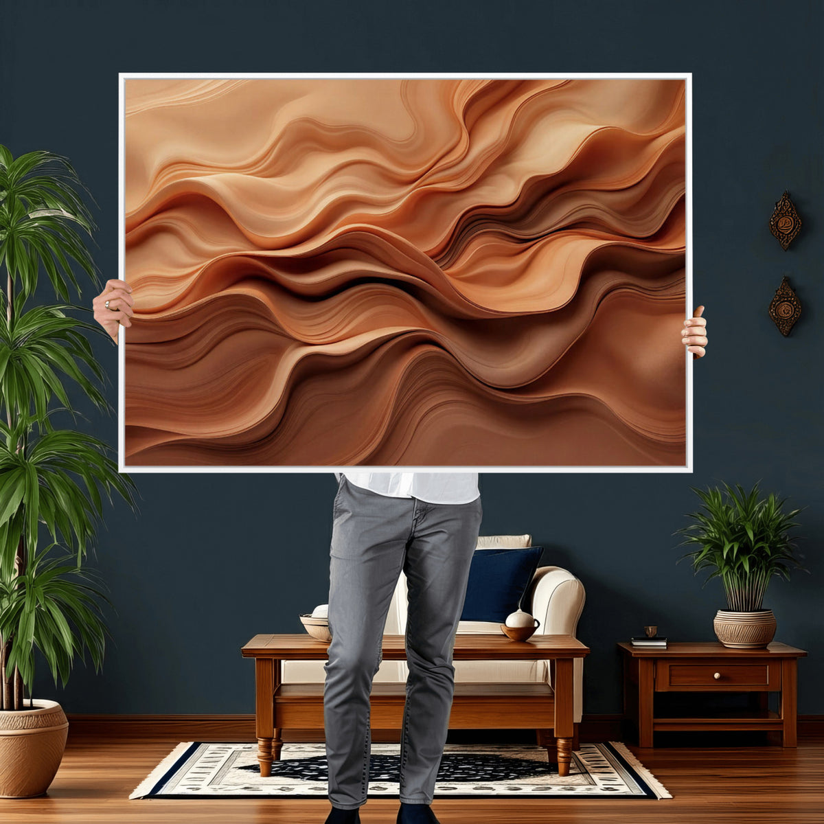 82230697-MGV-CV-36X24 - Modern Abstract Fluid Waves Canvas Wall Art - Minimalist Warm Terracotta Beige Sand Print