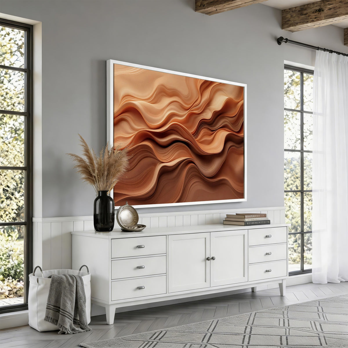 82230697-_Poster-30x20 - Modern Abstract Fluid Waves Canvas Wall Art - Minimalist Warm Terracotta Beige Sand Print