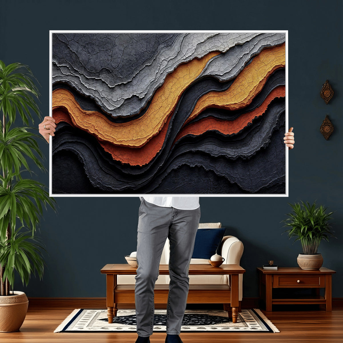 59852489-MGV-CV-36X24 - Abstract Waves Canvas Wall Art - Modern Terracotta and Charcoal Gray Print