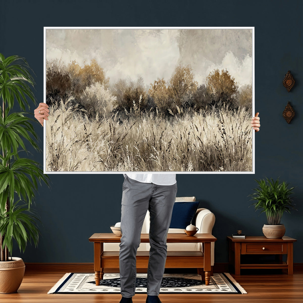 53959945-MGV-TP-30X20 - Muted Neutral Forest Landscape Canvas Wall Art - Vintage Rustic Wildflower Meadow Print