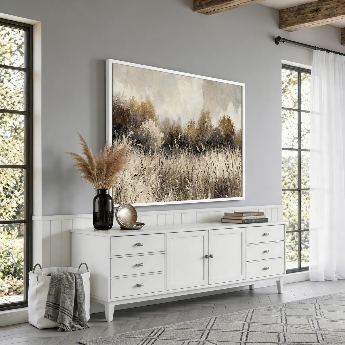53959945-_Poster-30x20 - Muted Neutral Forest Landscape Canvas Wall Art - Vintage Rustic Wildflower Meadow Print