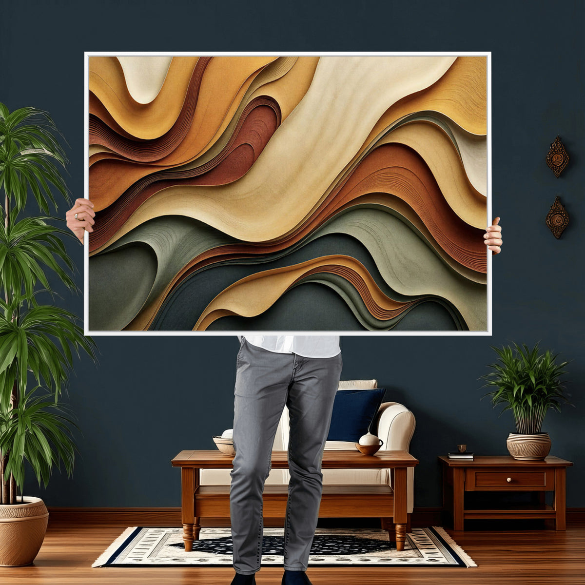 19337902-MGV-CV-36X24 - Modern Abstract Waves Canvas Wall Art - Minimalist Earthy Tone Living Room Decor