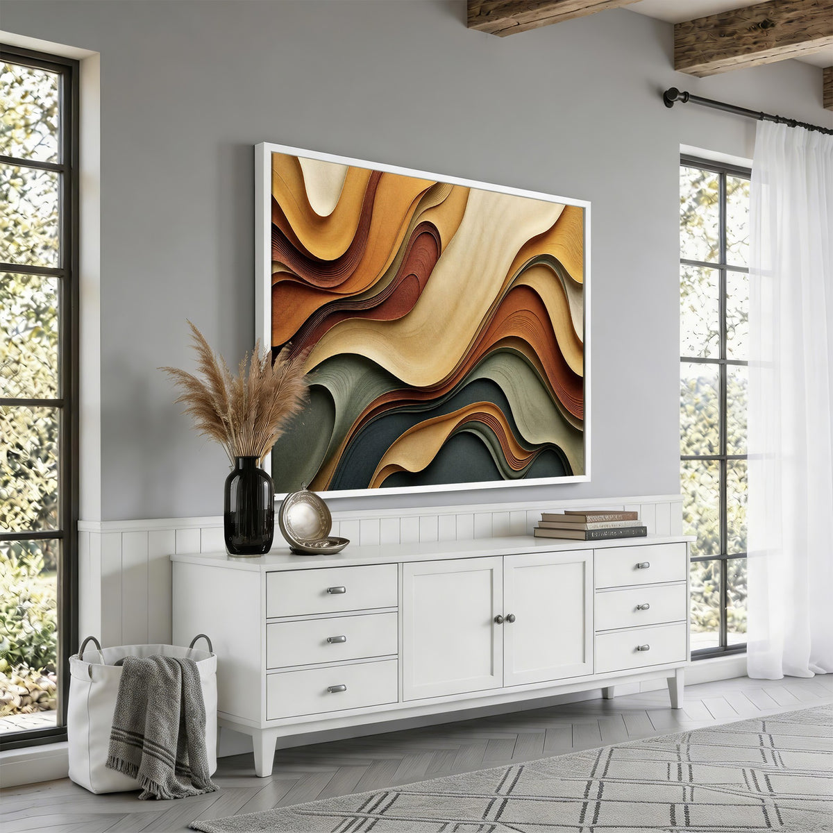 19337902-_Poster-30x20 - Modern Abstract Waves Canvas Wall Art - Minimalist Earthy Tone Living Room Decor