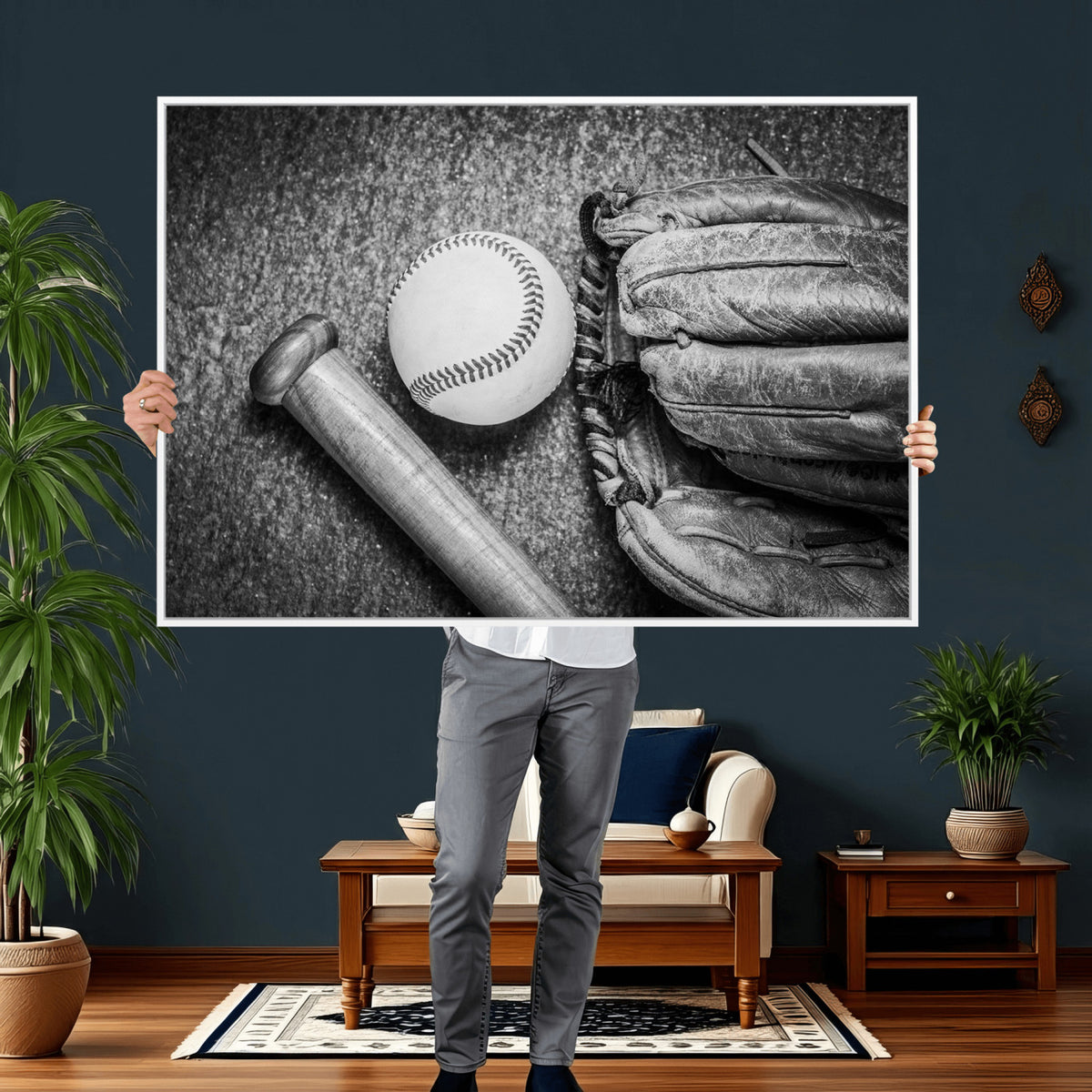 83916D-MGV-CV-36X24 - Vintage Baseball Glove and Bat Sports Wall Art Canvas Print