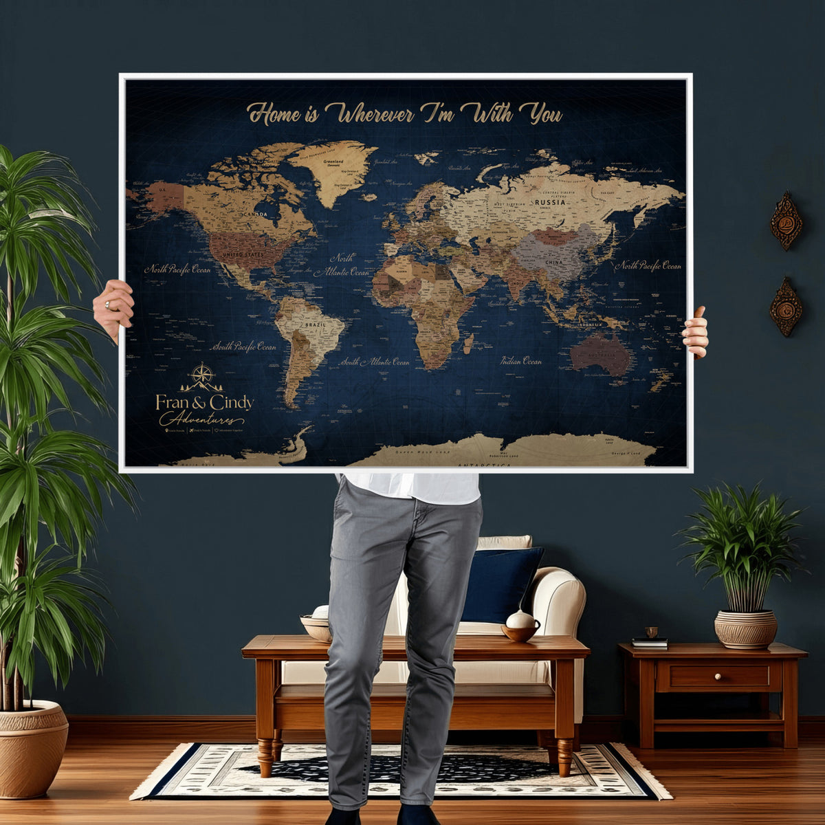 57774467-MGV-CV-36X24 - Custom Push Pin World Map Wall Art Canvas Print – Personalized Travel Tracker with Pins Framed Large for Home and Office Decor