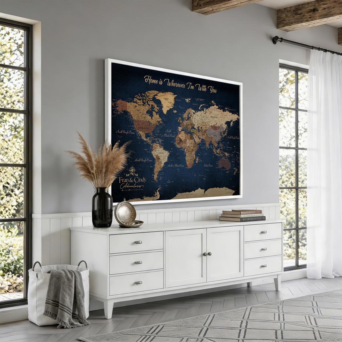 57774467-MGV-CV-36X24 - Custom Push Pin World Map Wall Art Canvas Print – Personalized Travel Tracker with Pins Framed Large for Home and Office Decor