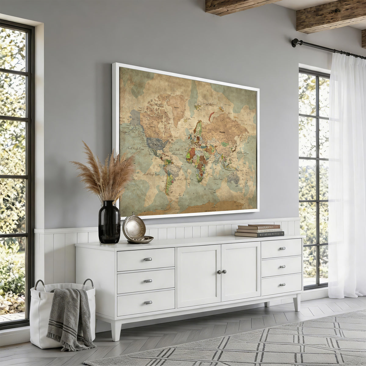20795898D-MGV-CV-36X24 - Custom Push Pin World Map Wall Art Canvas Print – Personalized Travel Tracker with Pins Framed Large for Home and Office Decor