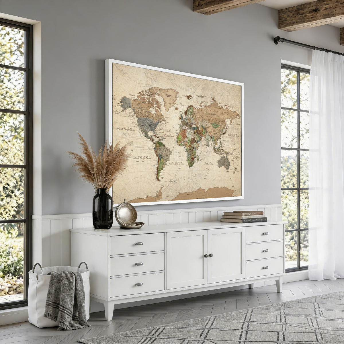 32749414D-MGV-CV-36X24 - Custom Push Pin World Map Wall Art Canvas Print – Personalized Travel Tracker with Pins Framed Large for Home and Office Decor