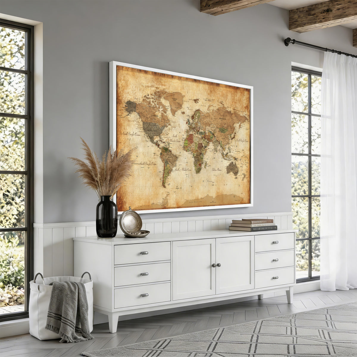 26621467D-MGV-CV-36X24 - Custom Push Pin World Map Wall Art Canvas Print – Personalized Travel Tracker with Pins Framed Large for Home and Office Decor