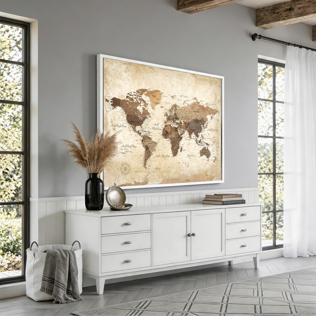 69154703D-MGV-CV-36X24 - Custom Push Pin World Map Wall Art Canvas Print – Personalized Travel Tracker with Pins Framed Large for Home and Office Decor