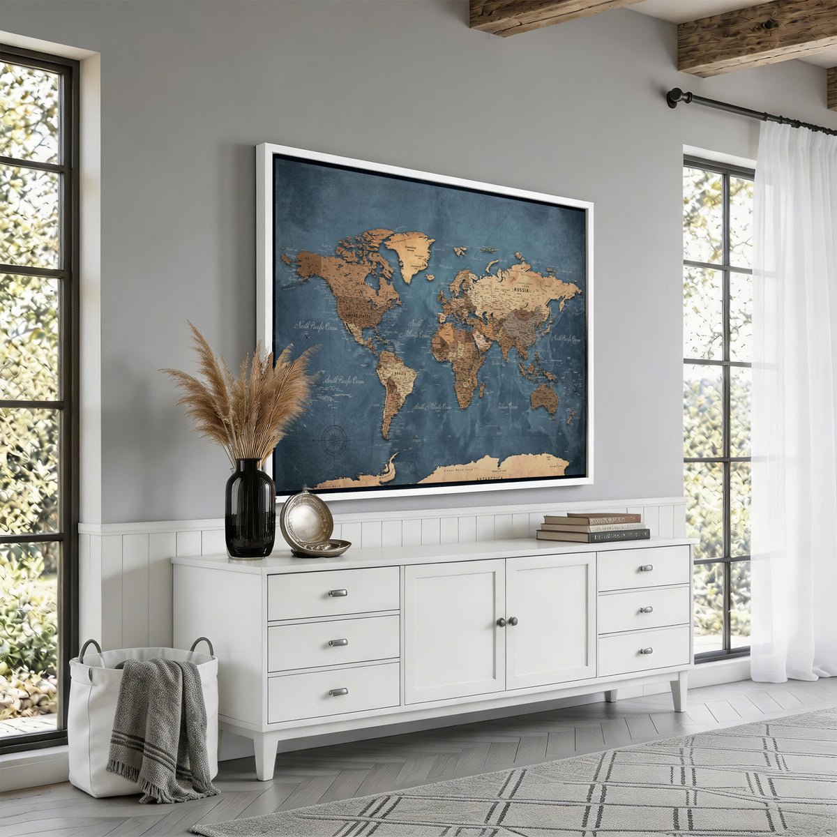 81949666D-MGV-CV-36X24 - Custom Push Pin World Map Wall Art Canvas Print – Personalized Travel Tracker with Pins Framed Large for Home and Office Decor