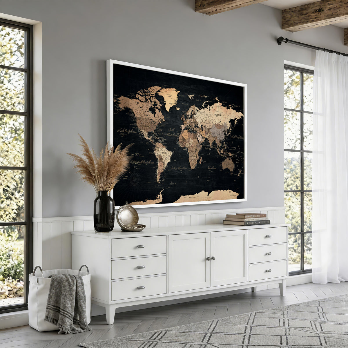 55335455D-MGV-CV-36X24 - Custom Push Pin World Map Wall Art Canvas Print – Personalized Travel Tracker with Pins Framed Large for Home and Office Decor
