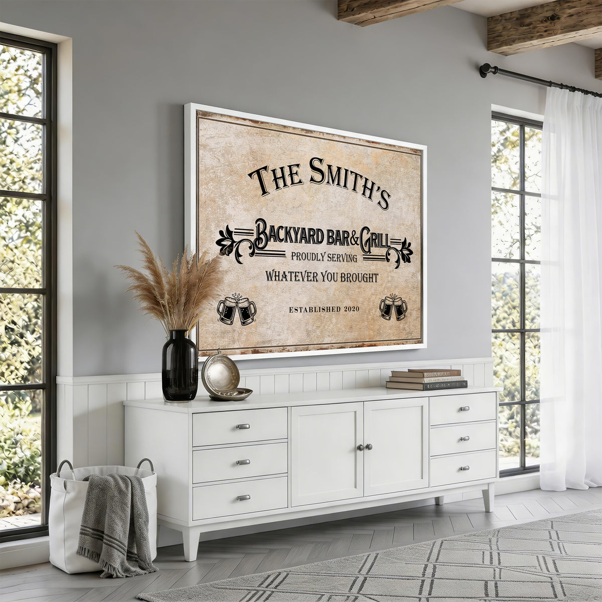 Custom Backyard Bar & Grill Sign, Personalized Family Name Arch Canvas