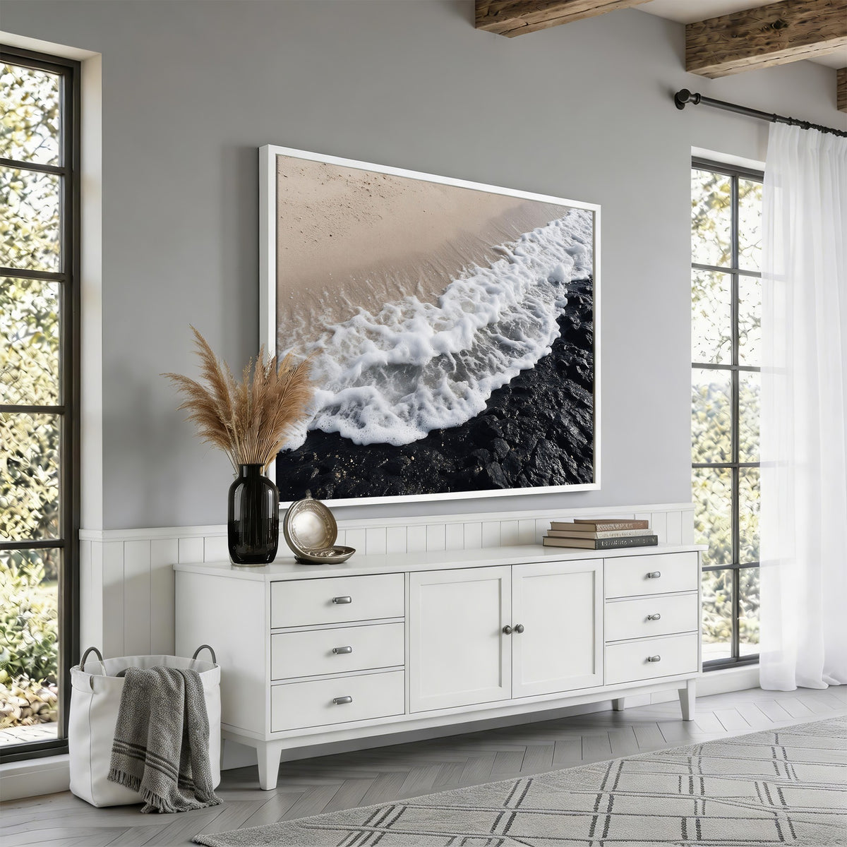 27448606-MGV-CV-24X16 - Ocean Wave Foam on Black Lava Rock Beach Canvas Wall Art Print