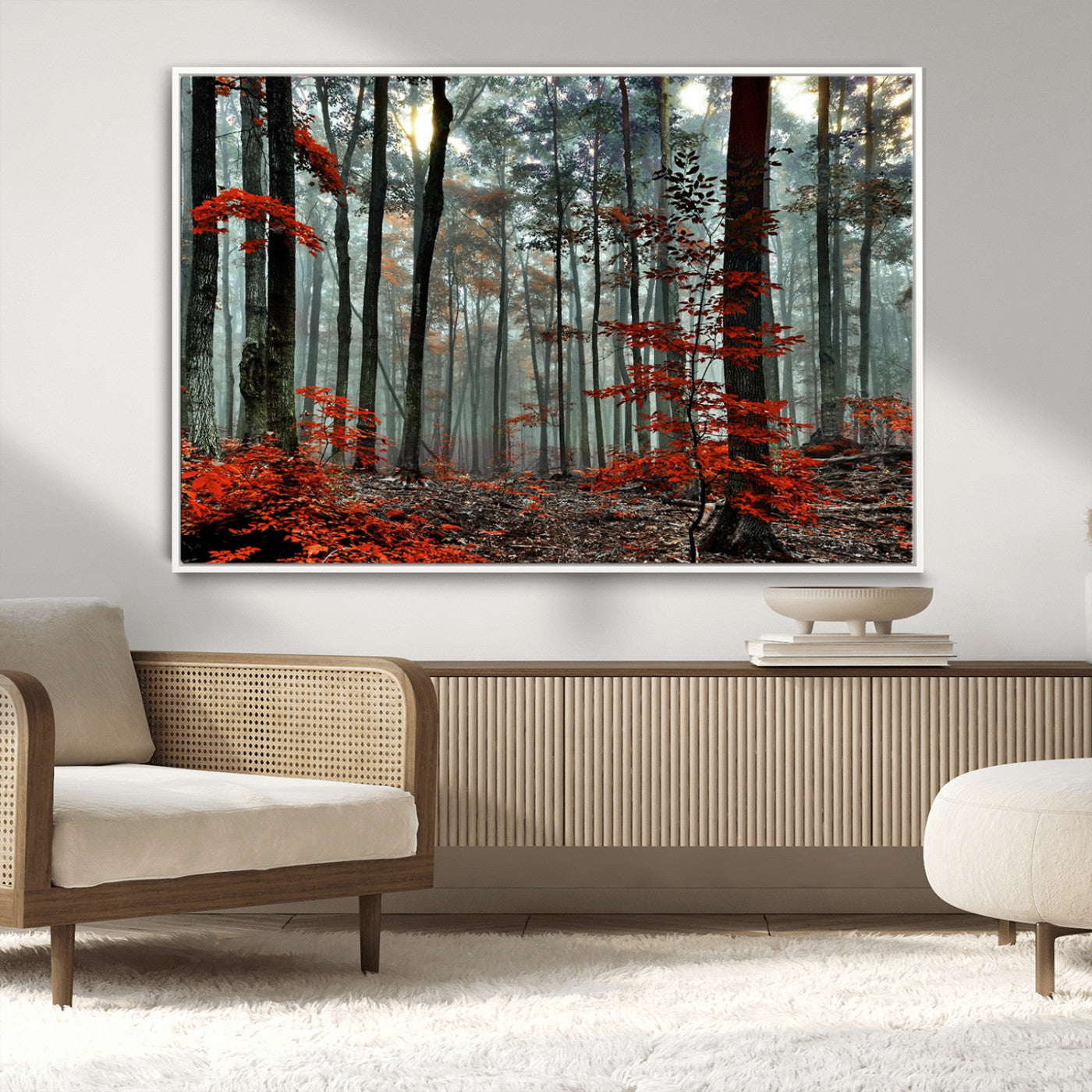 MGV-FC-36X24 - Autumn Forest Canvas Wall Art – Enchanting Red Leaves Triptych Print – Nature-Inspired Decor for