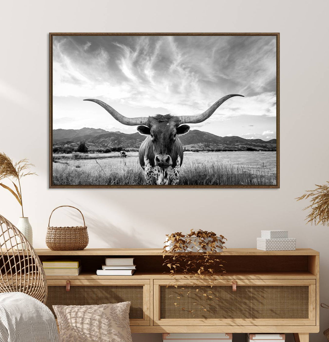 Longhorn Cow Wall Art Canvas Print Farmhouse Wall Art - Texas Longhorn Wall Art Print