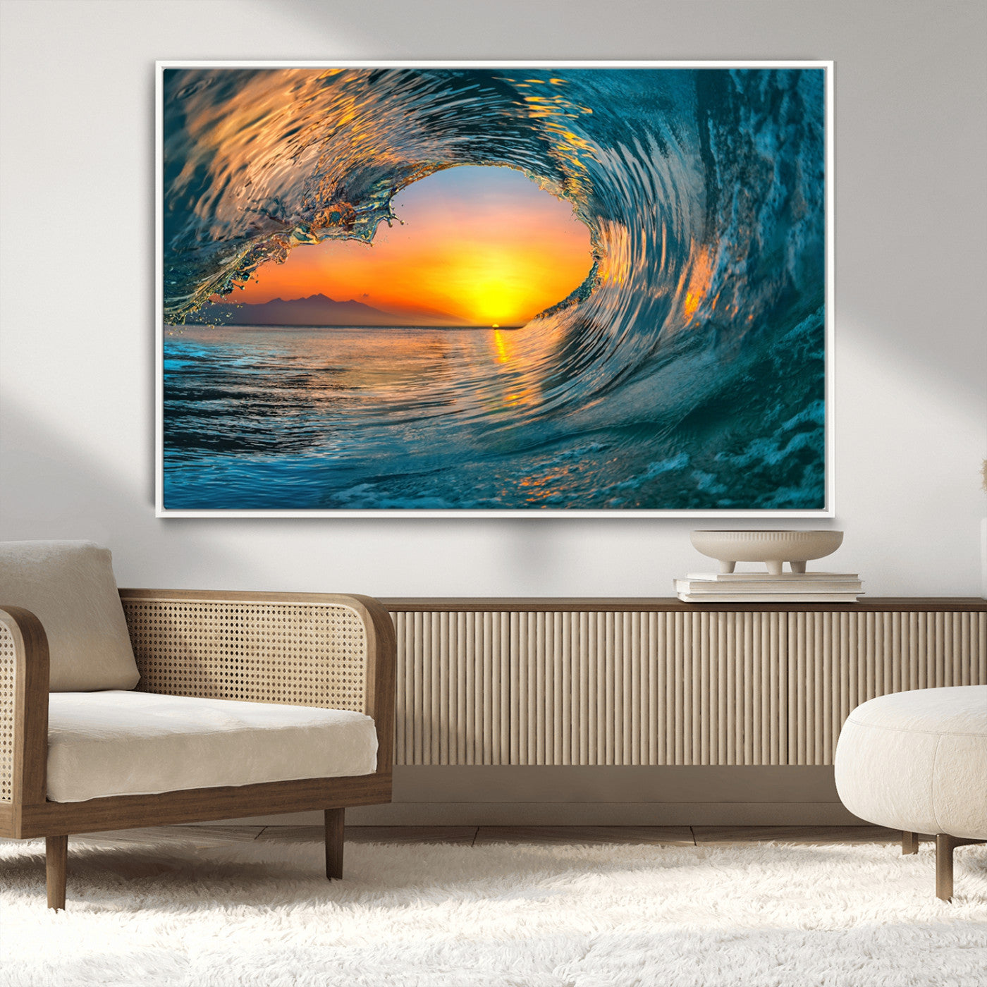MGV-FC-36X24 - Ocean Wave Sunset Wall Art | Large Coastal Wave Canvas Print | 3-Panel Ocean Sunset Seascape for