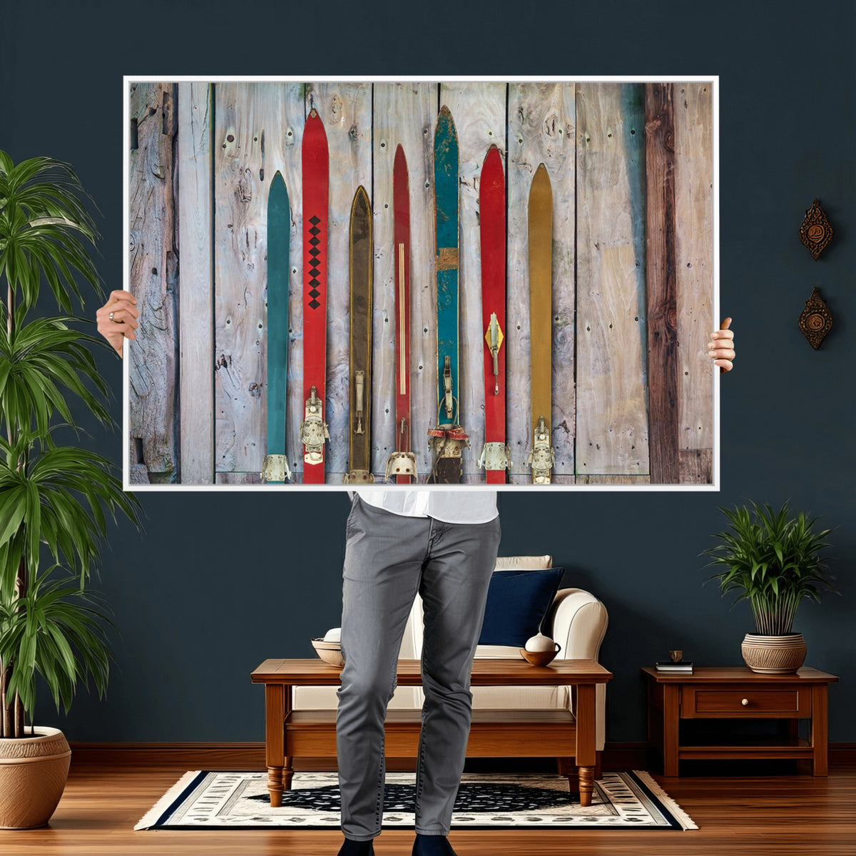 30640-MGV-CV-36X24 - Vintage Wooden Weathered Skis in Front of an Old Barn Wall Art Canvas Print