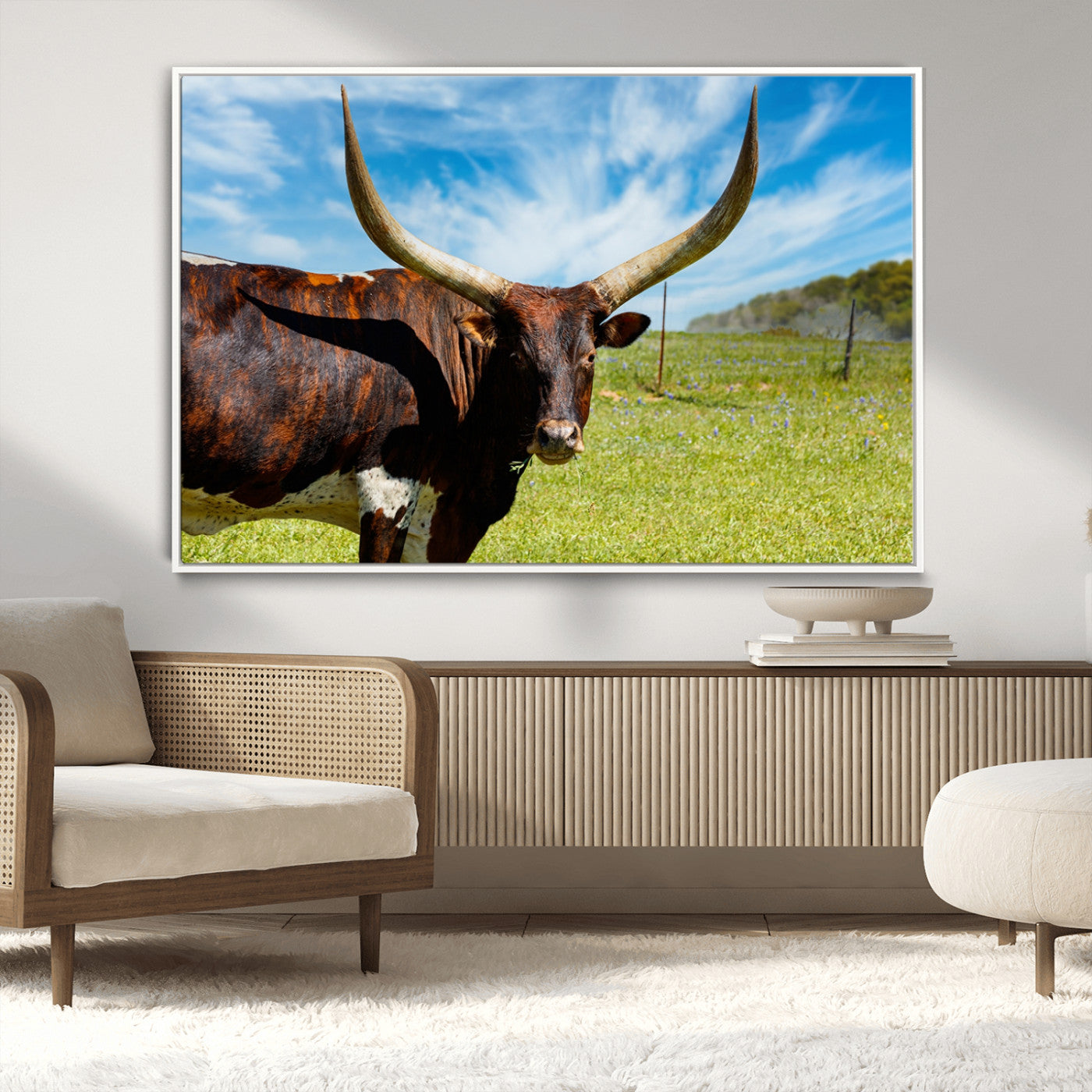 MGV-FC-36X24 - Longhorn and Cow Wall Art, Country Cow Wall Decor Canvas Print