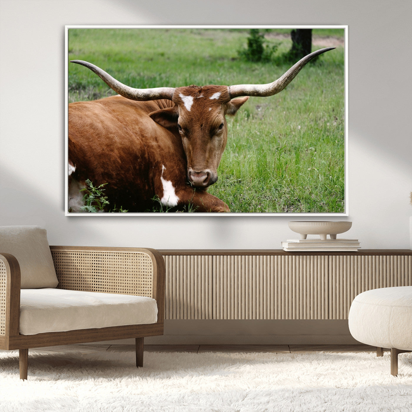 MGV-FC-36X24 - Longhorn Steer Canvas Wall Art – Rustic Nature Triptych Decor for Living Room or Office – Ready to
