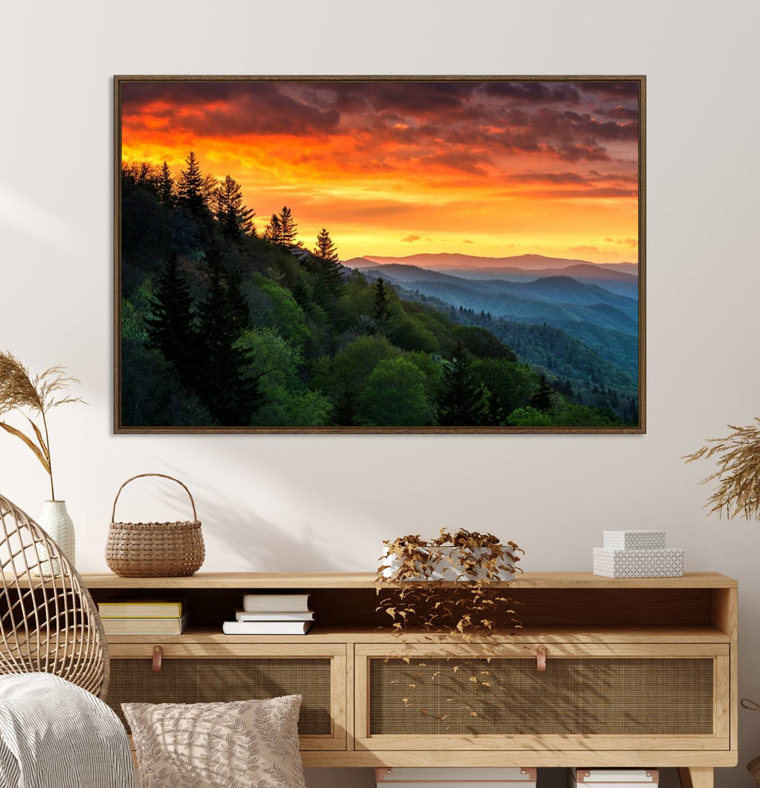 The Great Smoky Mountains Sunset Wall Art, a 3-panel print, beautifully captures natures beauty and is perfect for living room or office decor.