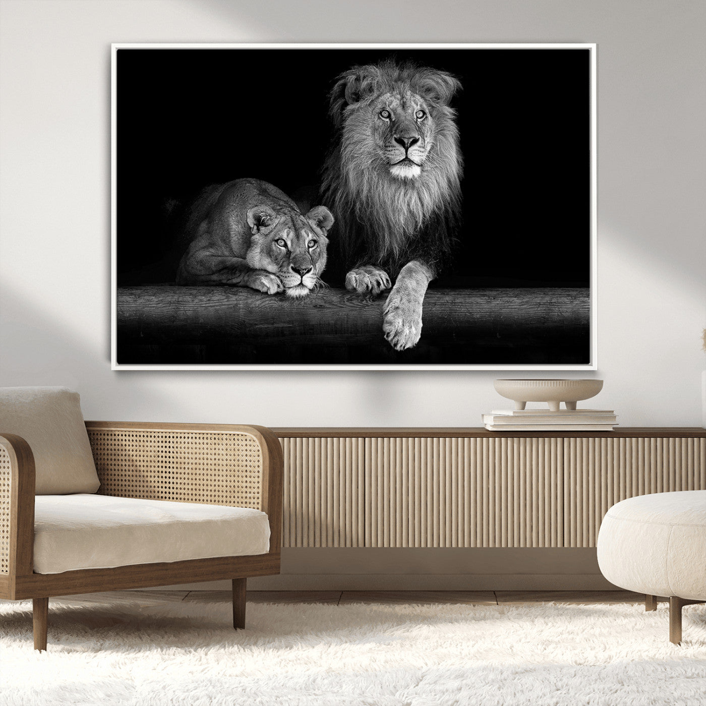 MGV-FC-36X24 - Large Black and White Lion Couple Wall Art Canvas Print