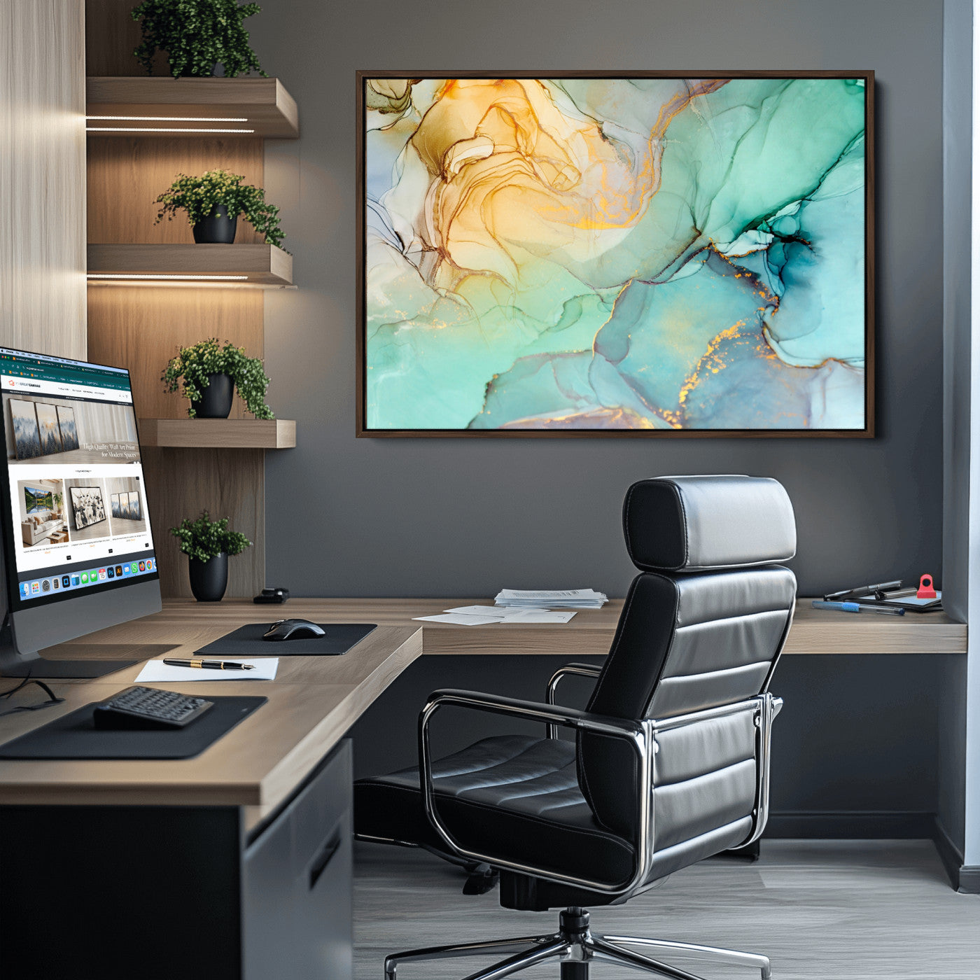 47242-MGV-CV-36X24-Green Marble Fluid Effect Wall Art Abstract Canvas Wall Art Print