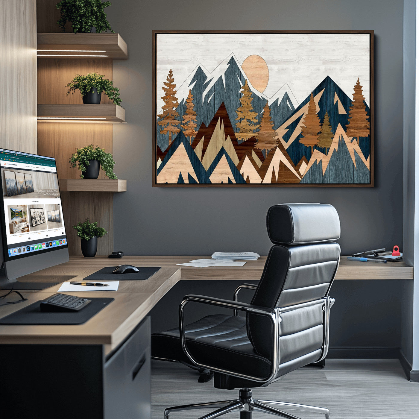 91467-MGV-CV-36X24-Abstract Wood Panel Effect Mountain Range Top Wall Art Canvas Print