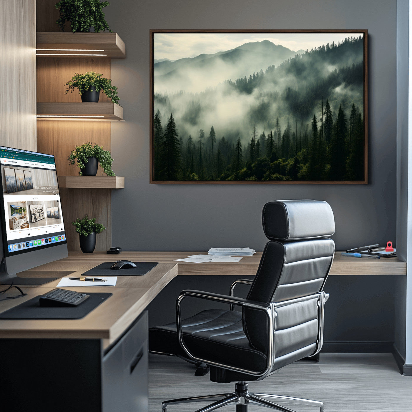 25295-MGV-CV-36X24-Captivating Misty Forest Wall Art Premium Canvas Print a Foggy and Serene Atmosphere