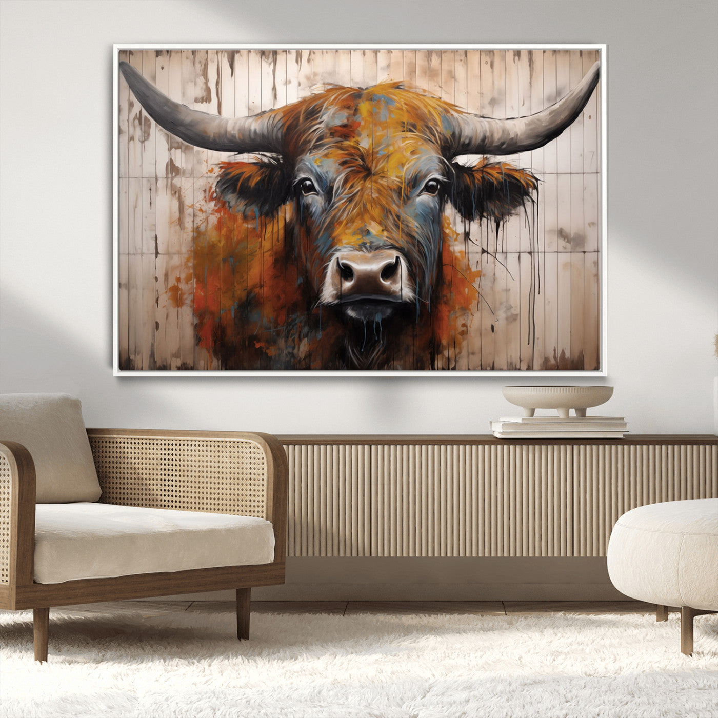 MGV-FC-36X24 - Abstract Bull Highland Cow Canvas Wall Art Print – Vibrant Rustic Charm in Modern Farmhouse Decor –