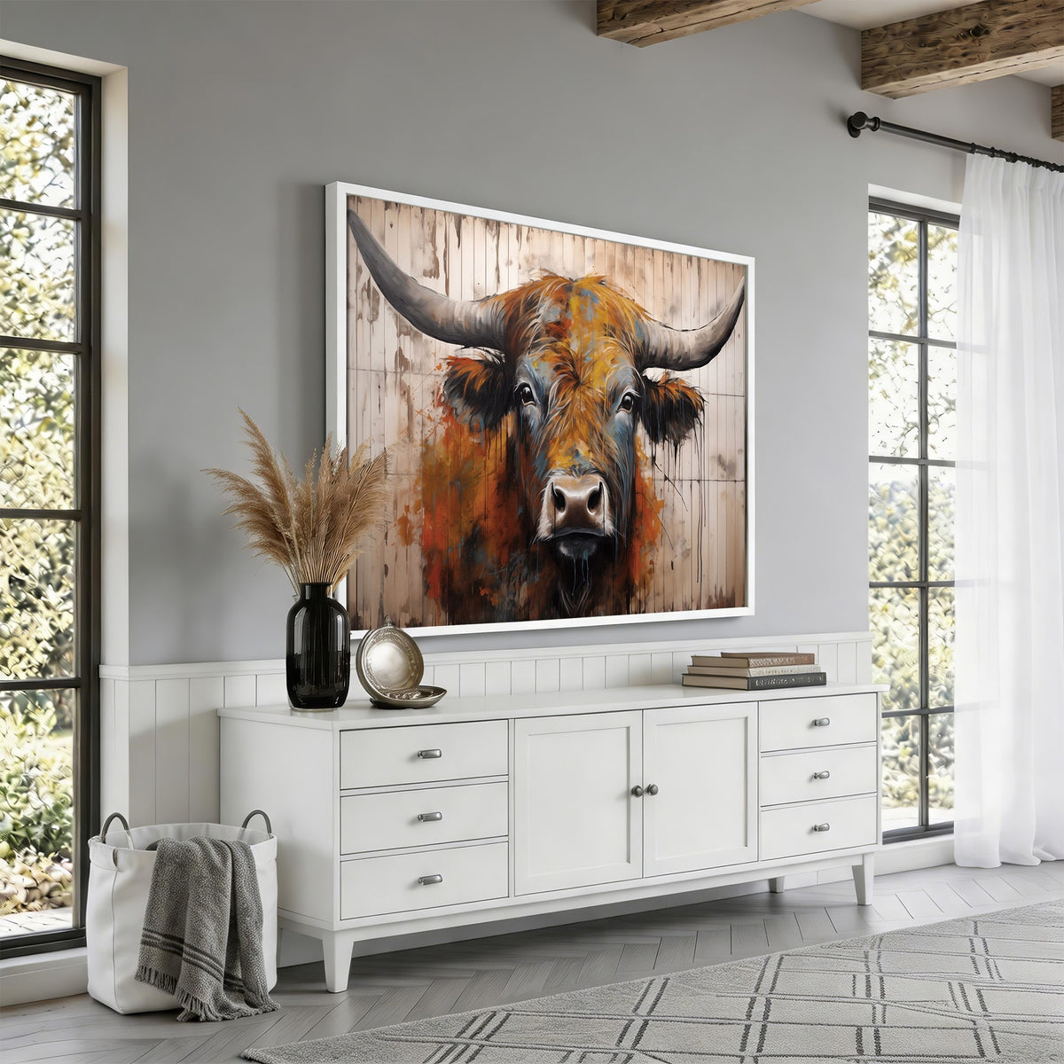 47284-MGV-CV-24X16 - Abstract Bull Highland Cow Canvas Wall Art Print