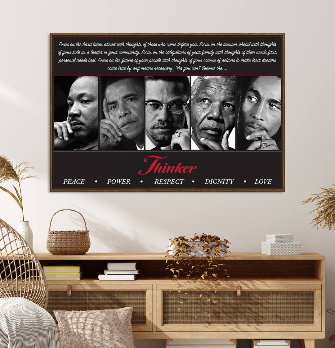 The Thinker Quintet Canvas Wall Art features portraits of Martin, Obama, Malcolm X, Mandela, and Marley, each representing virtues such as Peace and Power.