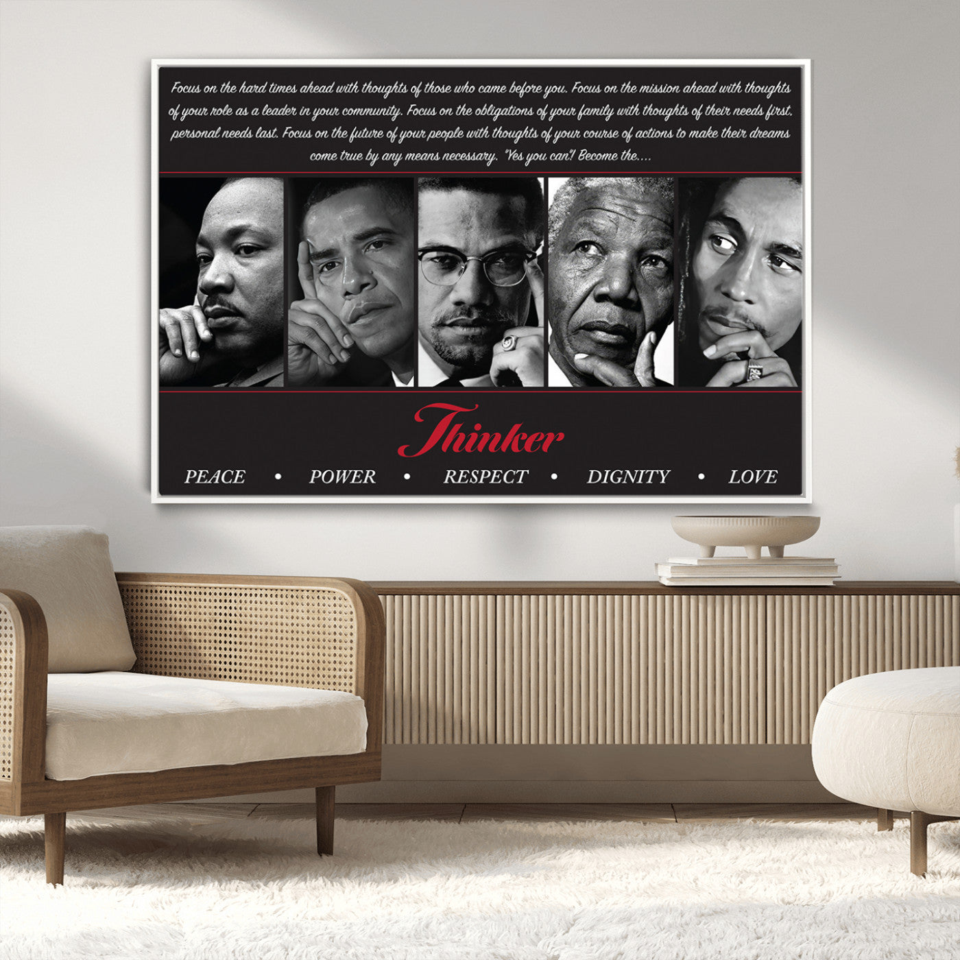 MGV-FC-36X24 - Thinker Quintet Canvas Wall Art – Martin, Obama, Malcolm X, Mandela, Marley Featuring Peace, Power,