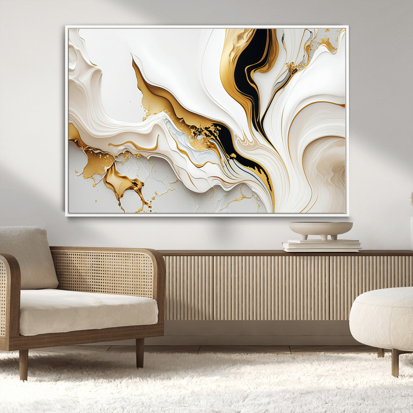 -Gold Waves on Pure White Canvas – Gold Abstract Art for Modern Interiors | Wall Art Canvas, Framed &