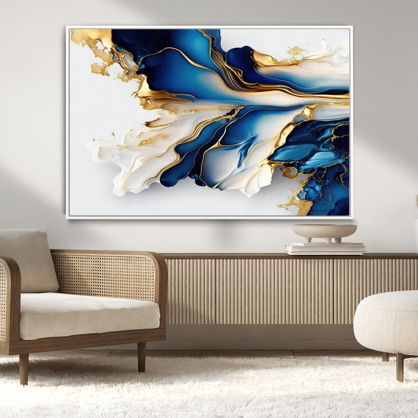 MGV-FC-36X24 - Gold Marble Art - Abstract Geode Gold And Blue Marble Shape 3 Pieces Wall Art Canvas Print