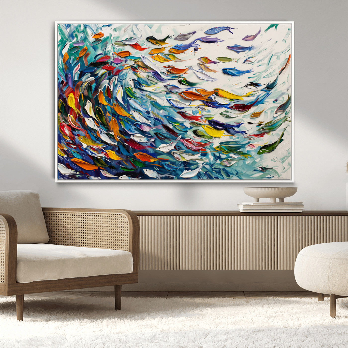 MGV-FC-36X24 - Modern Abstract Fish Shoal Wall Art Canvas Print, Colorful Fish Herd Painting on Canvas Print, Ocean