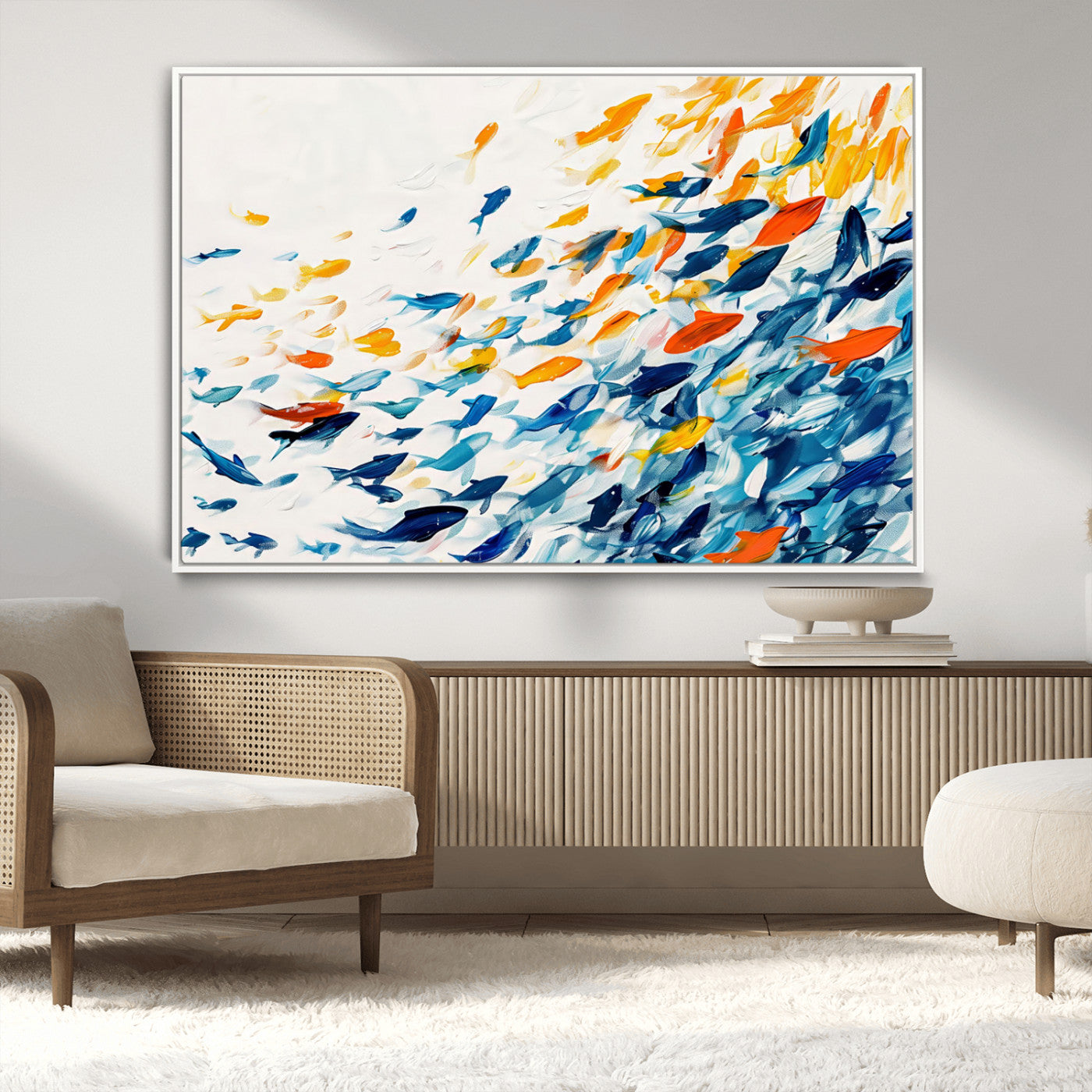 MGV-FC-36X24 - Abstract Fish Shoal Wall Art Canvas Print, Colorful Fish Herd Painting on Canvas Print, Ocean Animal