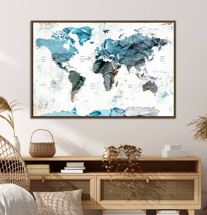 Push Pin World Map Wall Art Canvas Print adds a touch of elegance to the home decor.