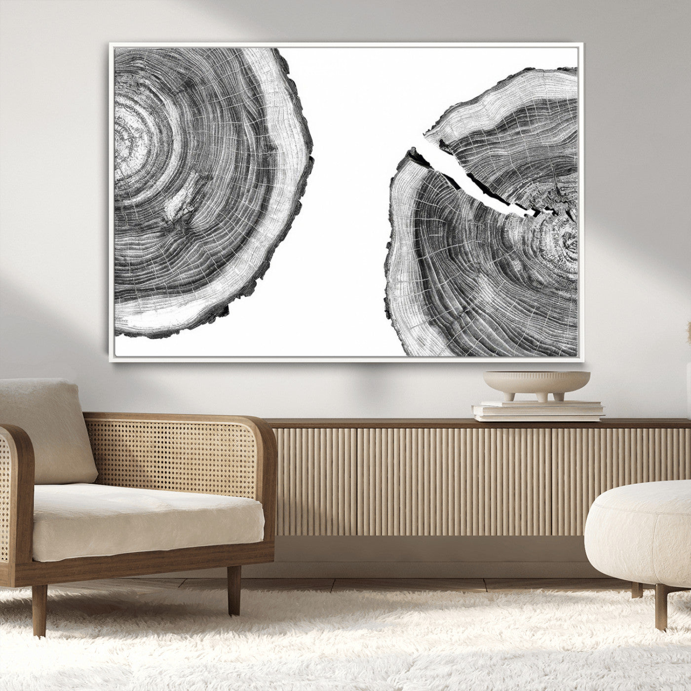 MGV-FC-36X24 - Abstract Large Tree Rings – Minimalist Black and White Wood Art | Triptych Canvas, Modern Wall Decor