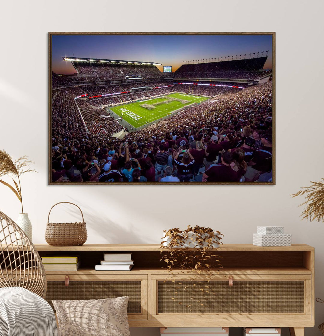 A vibrant canvas print of Texas A&M Aggies at College Stations Kyle Field Stadium captures the energy of fans cheering as the band marches at sunset.