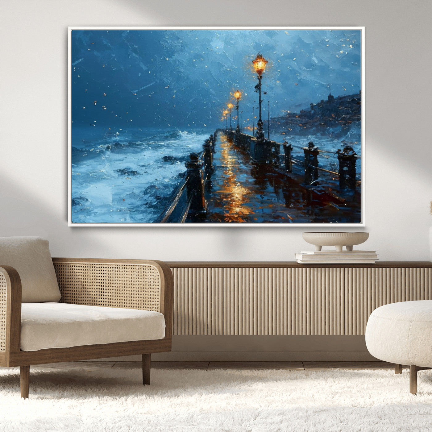 MGV-FC-36X24 - Stormy Night at Beach Pier Oil Painting Large Wall Art Print, Framed Canvas Nature Wall Decor,
