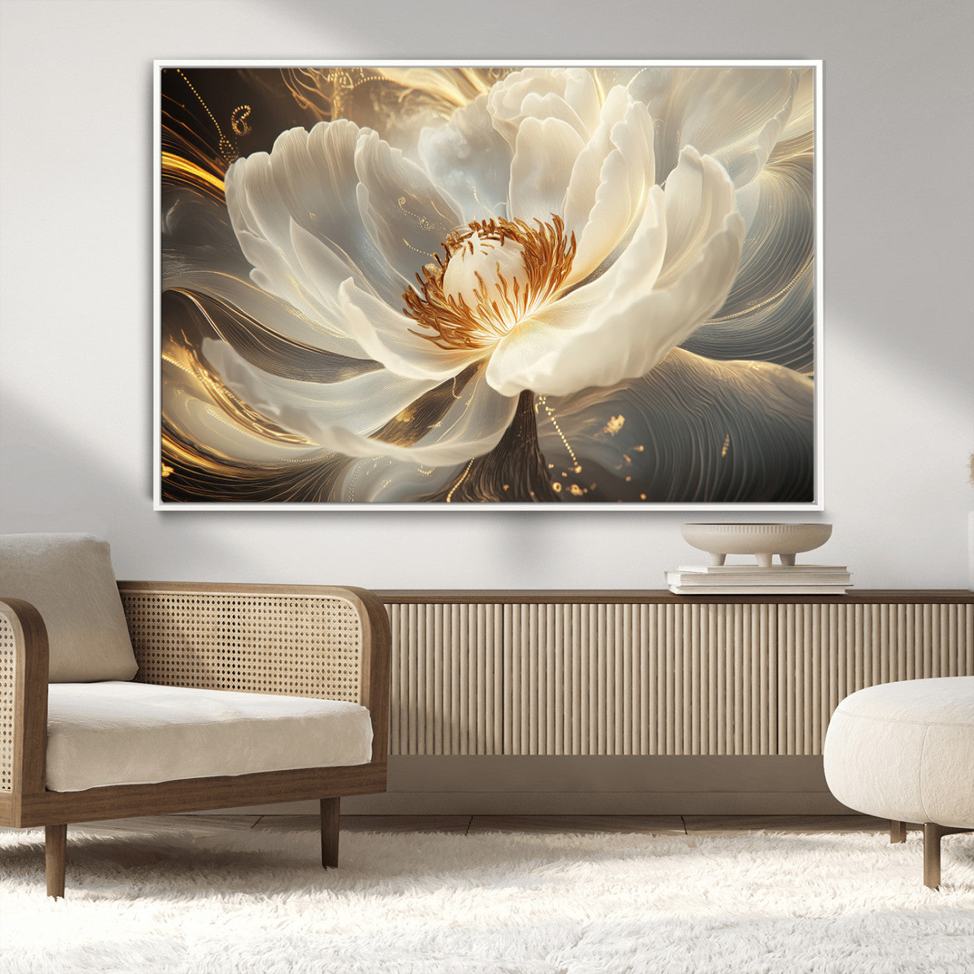 MGV-FC-36X24 - Gold Floral Wall Art Canvas Print, Framed Modern Flower Art Print, Golden Abstract Perfect for