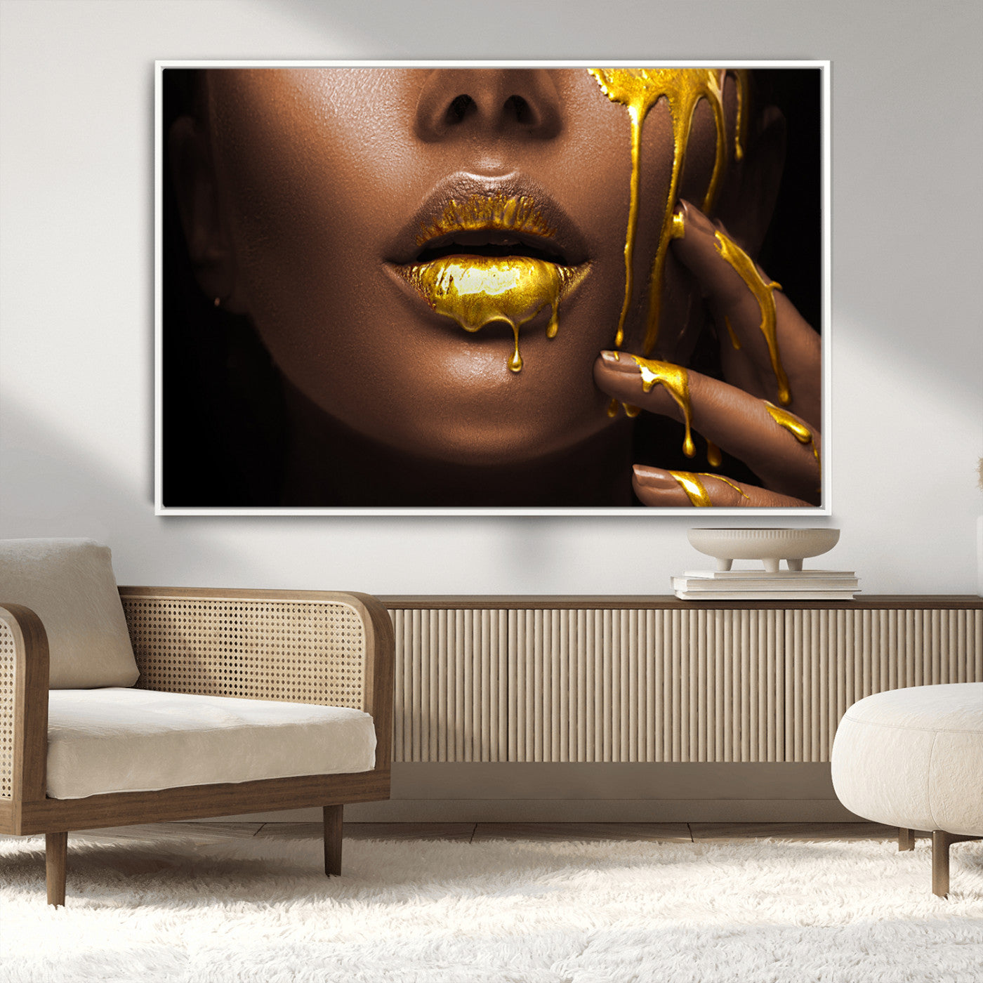 MGV-FC-36X24 - African American Art Black Woman Canvas Print, African Wall Art, Fashion African Woman Gold Lips