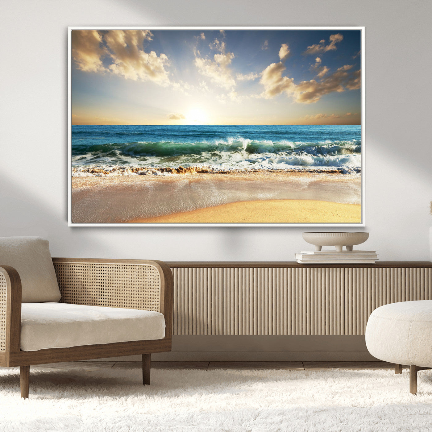 MGV-FC-36X24 - Golden Sunset Beach Triptych Canvas Wall Art for Living Room – 3-Panel Ocean View, Framed & Ready to